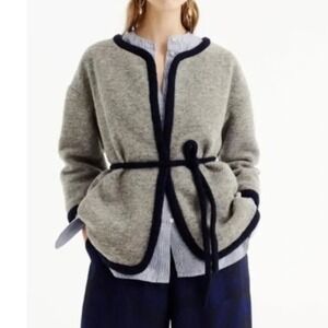 J Crew Boiled Wool Cardigan Jacket Gray Navy Blue Open Tie Waist Wool Medium